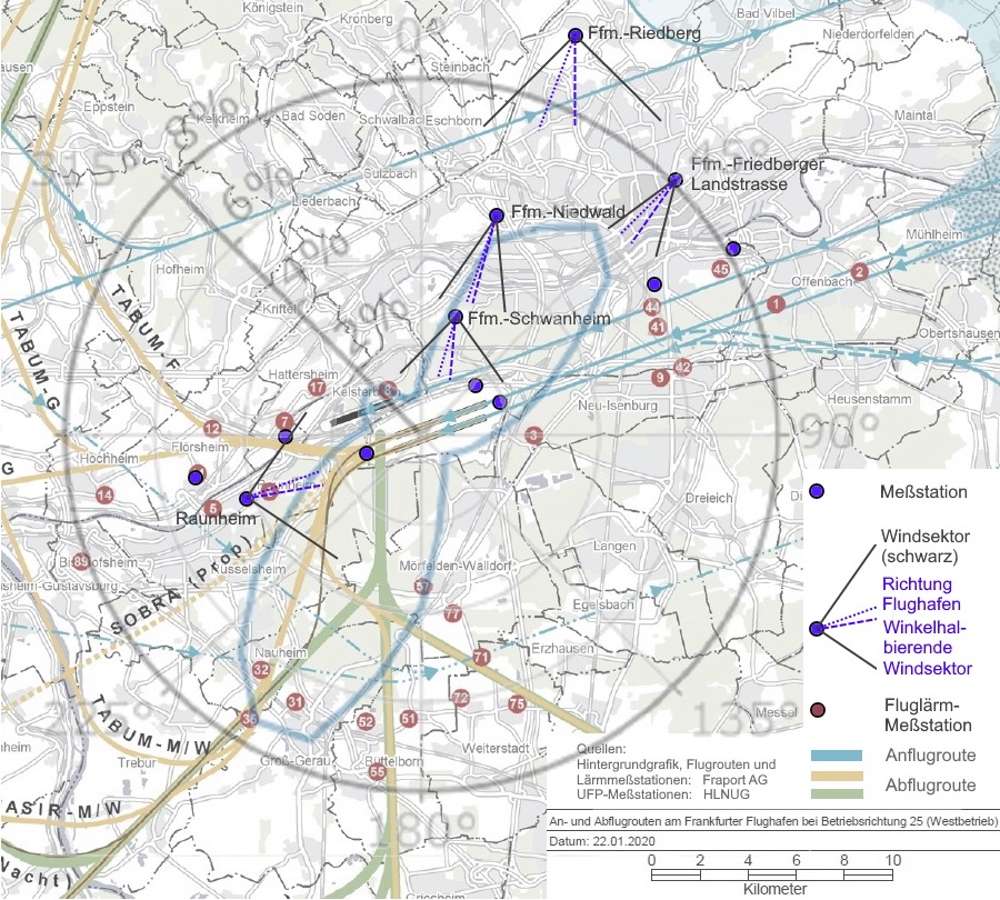 Karte HLNUG-Meßstationen und Flugrouten